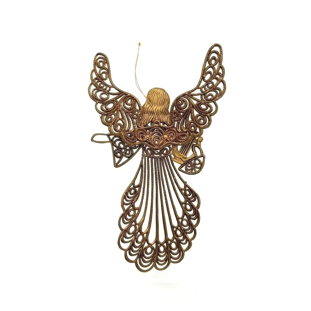 Vintage Brass Tone Angel Lyre Ornament Christmas‎ Hanging Decor Filigree Metal